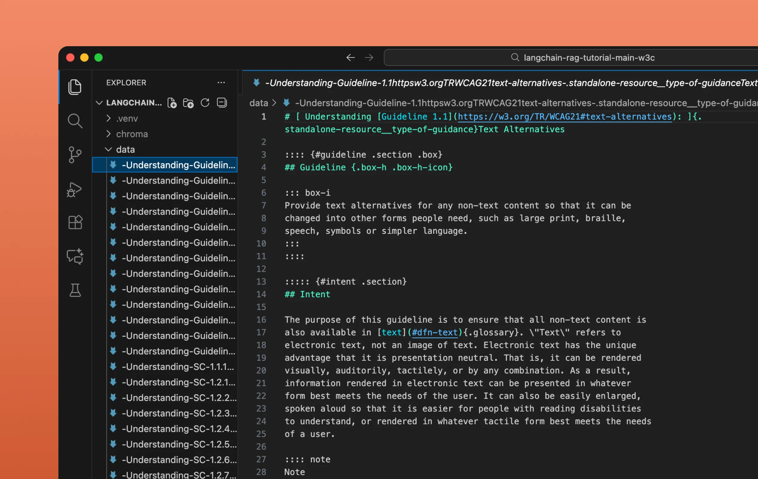File explorer view showing multiple markdown files organized within the project's data folder