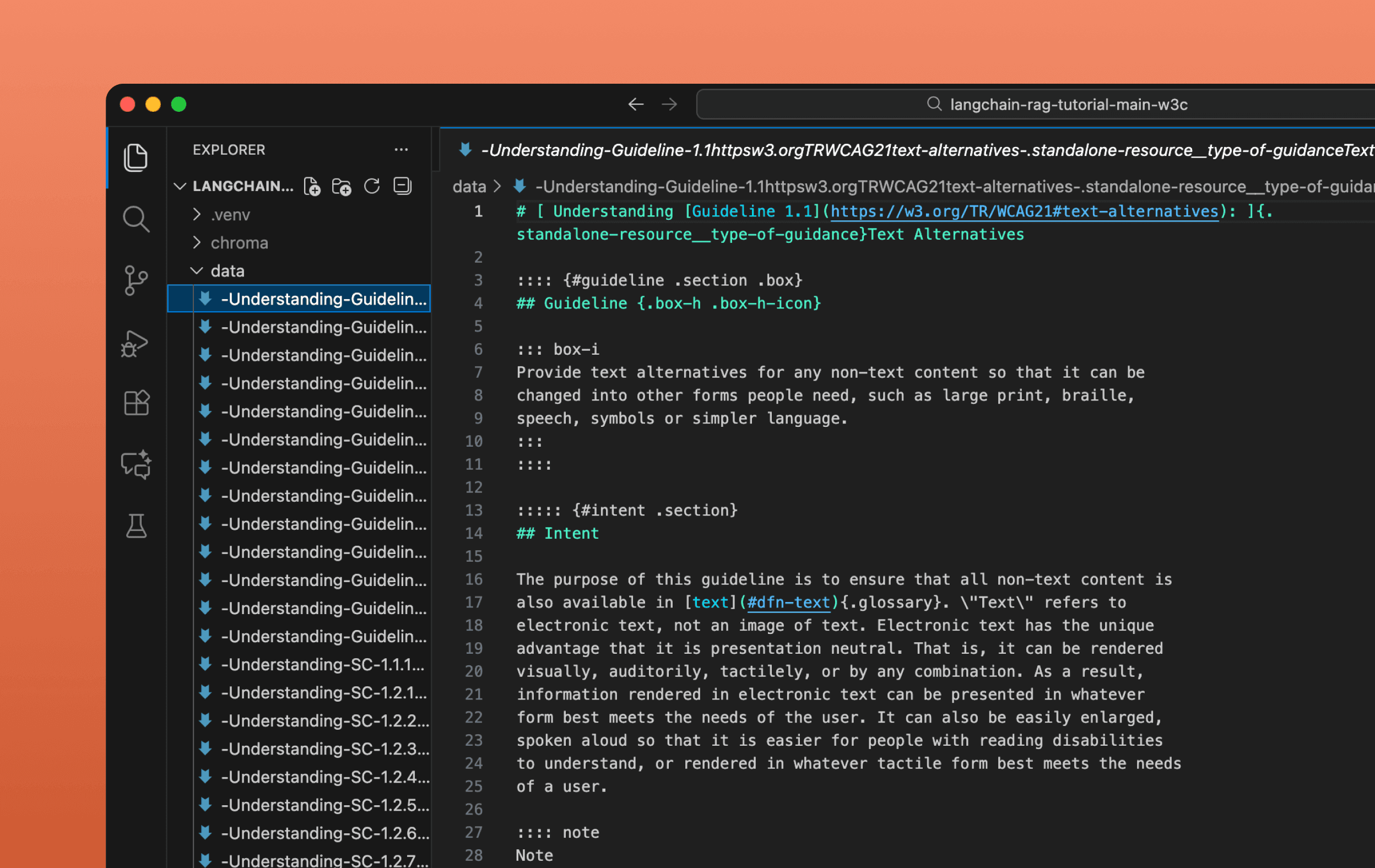 File explorer view showing multiple markdown files organized within the project's data folder